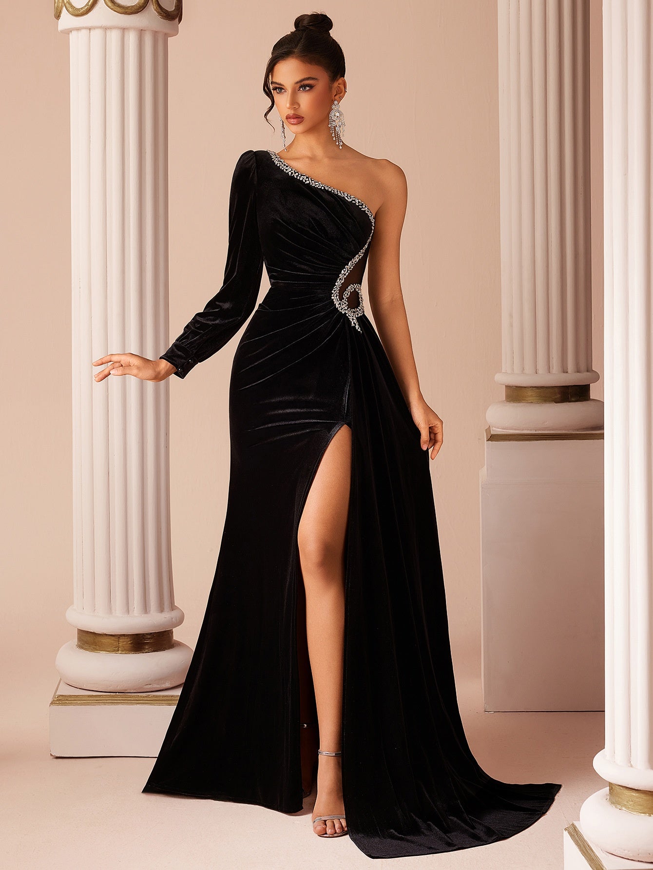 one shoulder black velvet dress Elegant Gown – One-Shoulder, Rhinestone Trim, Thigh Slit Evening – Styeenigma shoulder cut offers timeless Strapless Feather Row Dress Free Shipping $129+ Adults Pirouette Shirt For Women (Size):L