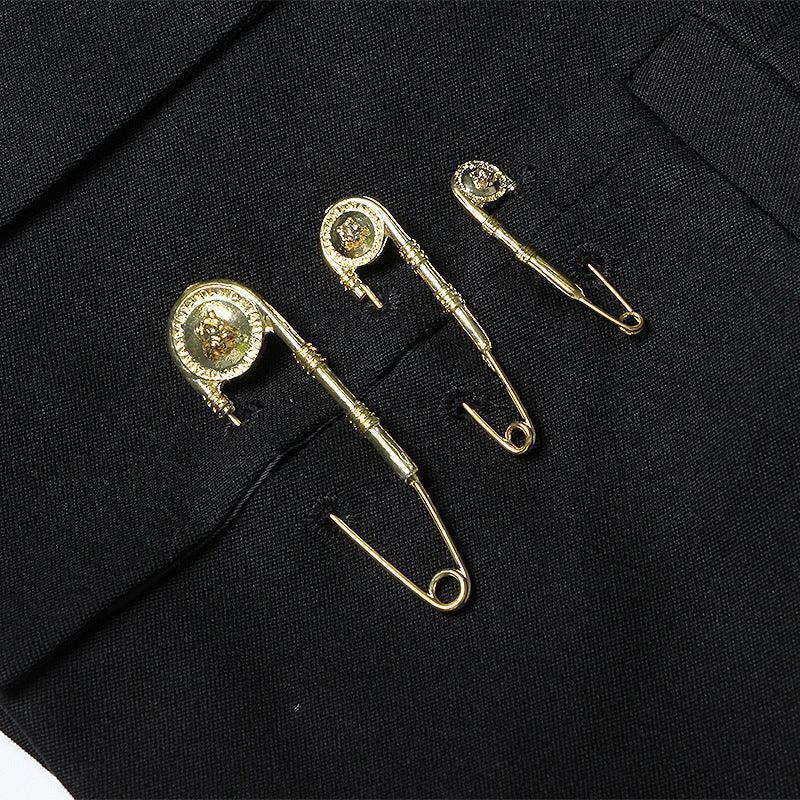 Black Patchwork Pin Decoration Slim Fit Rock Style Blazer for Women - Styeenigma
