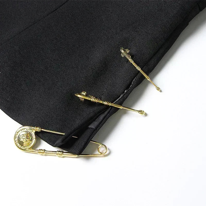 Black Patchwork Pin Decoration Slim Fit Rock Style Blazer for Women - Styeenigma