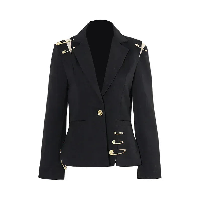 Black Patchwork Pin Decoration Slim Fit Rock Style Blazer for Women - Styeenigma
