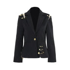 Black Patchwork Pin Decoration Slim Fit Rock Style Blazer for Women - Styeenigma