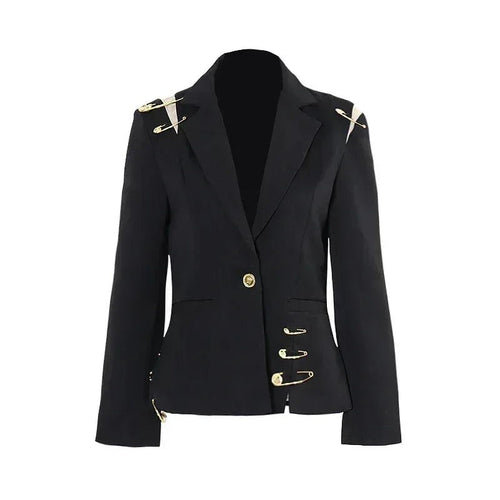 Black Patchwork Pin Decoration Slim Fit Rock Style Blazer for Women - Styeenigma