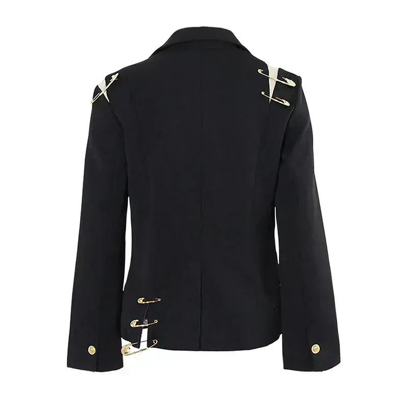 Black Patchwork Pin Decoration Slim Fit Rock Style Blazer for Women - Styeenigma