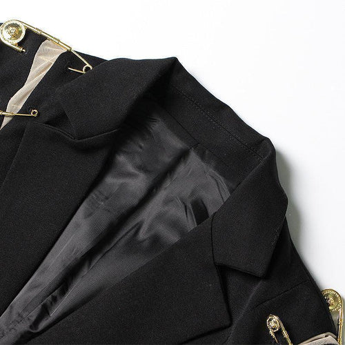 Black Patchwork Pin Decoration Slim Fit Rock Style Blazer for Women - Styeenigma