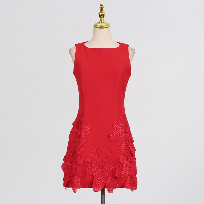 3D Floral Mini Dress Sleeveless Square Neck Cocktail Dress for Women