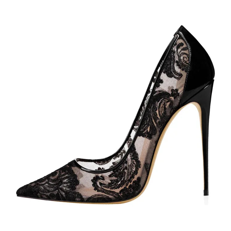 Women’s Pointed Toe Lace High Heels 12cm Stiletto Shoes (Black & White)