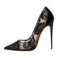 Women’s Pointed Toe Lace High Heels 12cm Stiletto Shoes (Black & White)