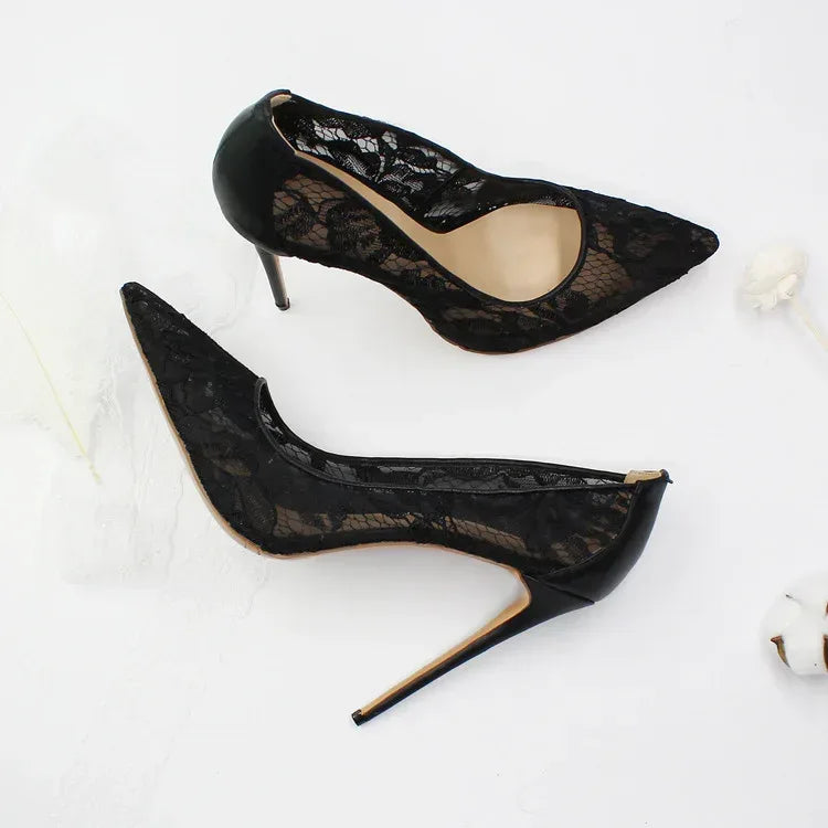Women’s Pointed Toe Lace High Heels 12cm Stiletto Shoes (Black & White) - Styeenigma