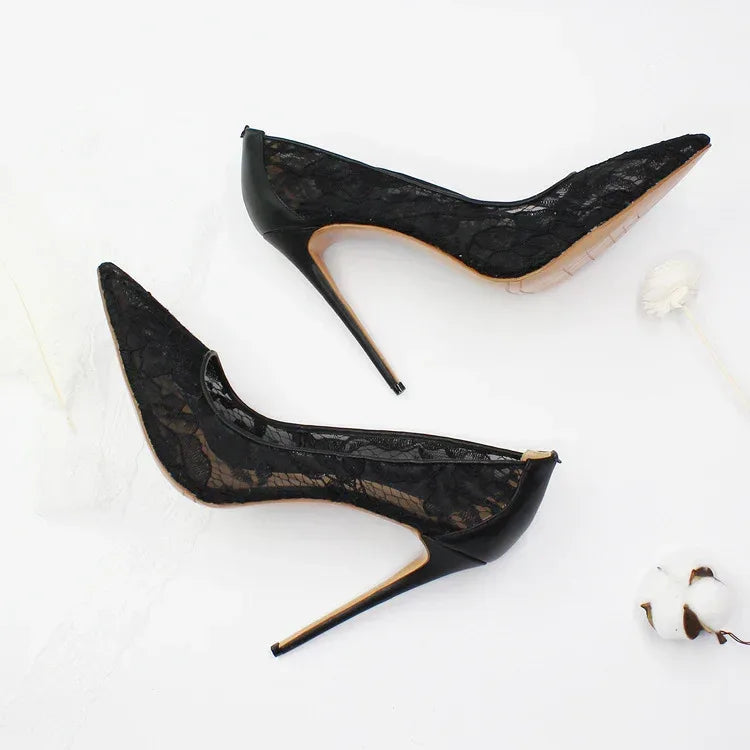 Women’s Pointed Toe Lace High Heels 12cm Stiletto Shoes (Black & White) - Styeenigma