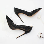 Women’s Pointed Toe Lace High Heels 12cm Stiletto Shoes (Black & White) - Styeenigma
