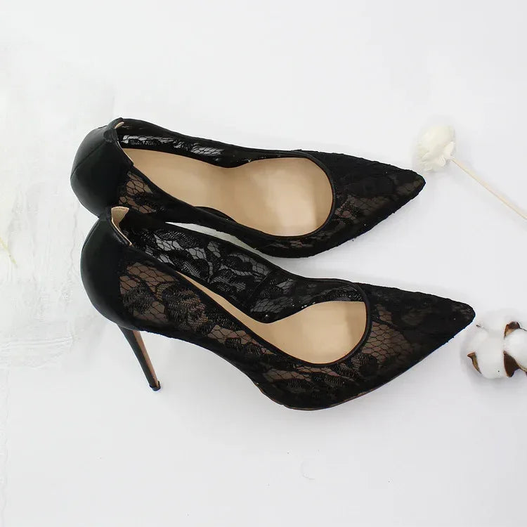 Women’s Pointed Toe Lace High Heels 12cm Stiletto Shoes (Black & White) - Styeenigma