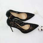 Women’s Pointed Toe Lace High Heels 12cm Stiletto Shoes (Black & White) - Styeenigma