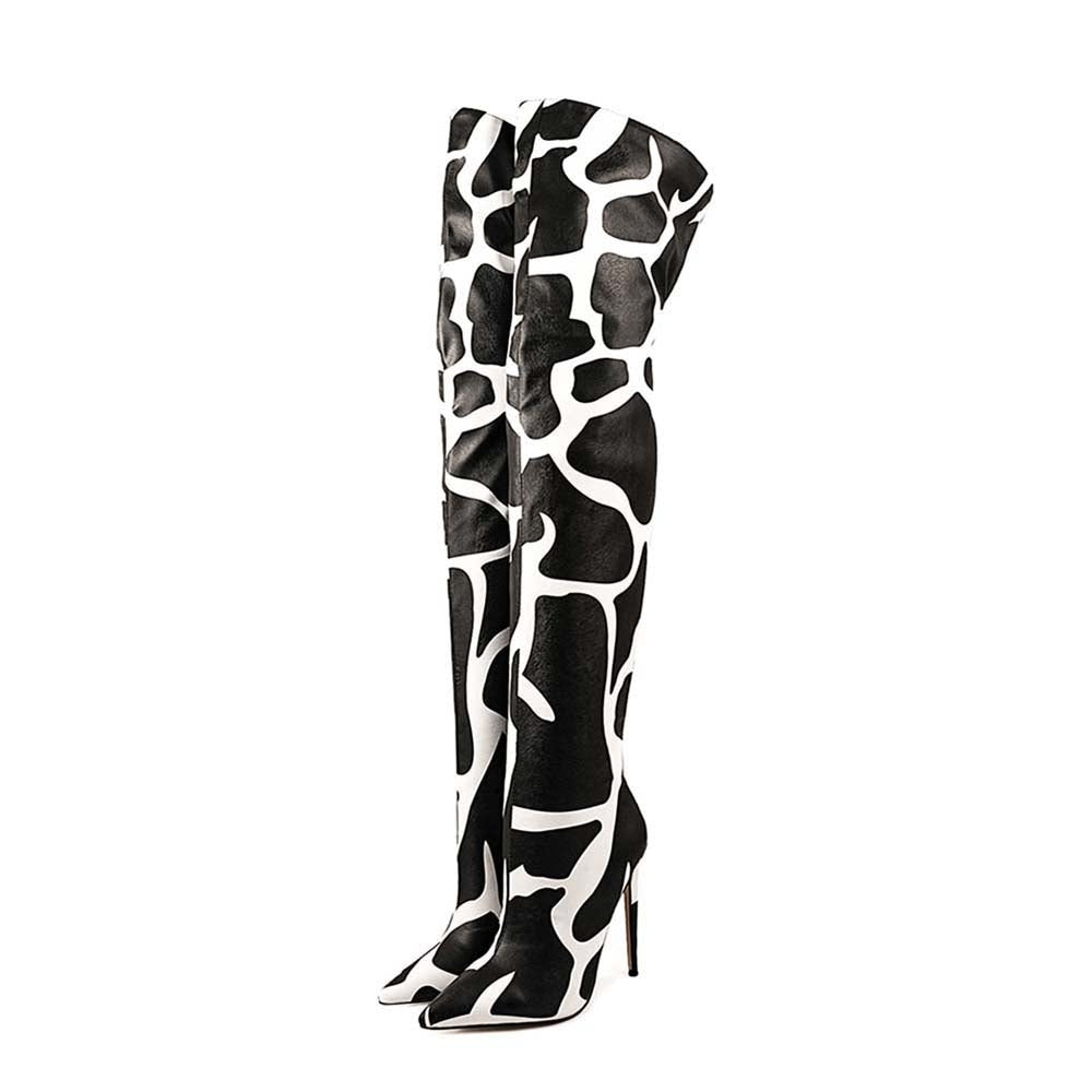 Animal Print Over-the-Knee Boots Faux Leather Stiletto Heel Pointed Toe Bootie - Styeenigma