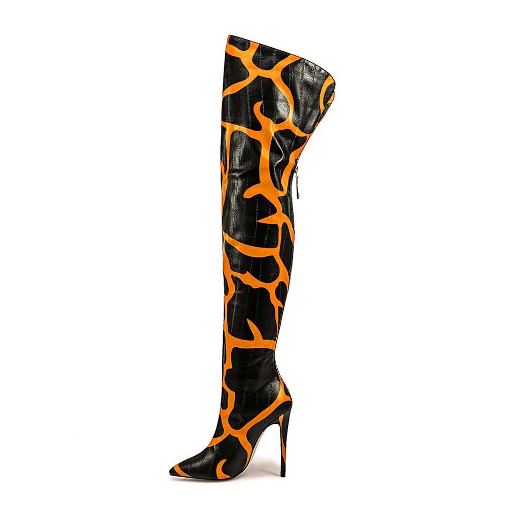 Animal Print Over-the-Knee Boots Faux Leather Stiletto Heel Pointed Toe Bootie - Styeenigma