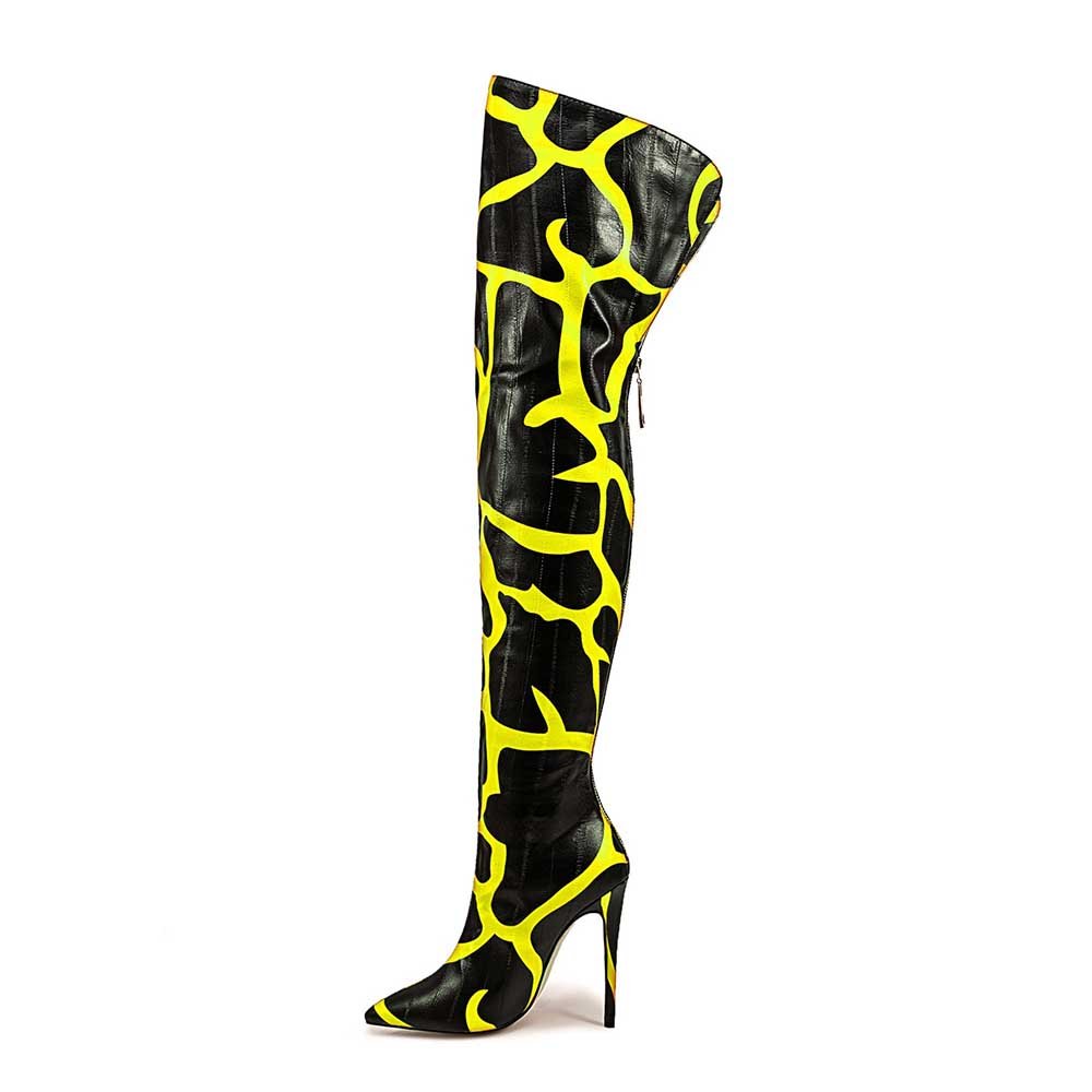 Animal Print Over-the-Knee Boots Faux Leather Stiletto Heel Pointed Toe Bootie - Styeenigma
