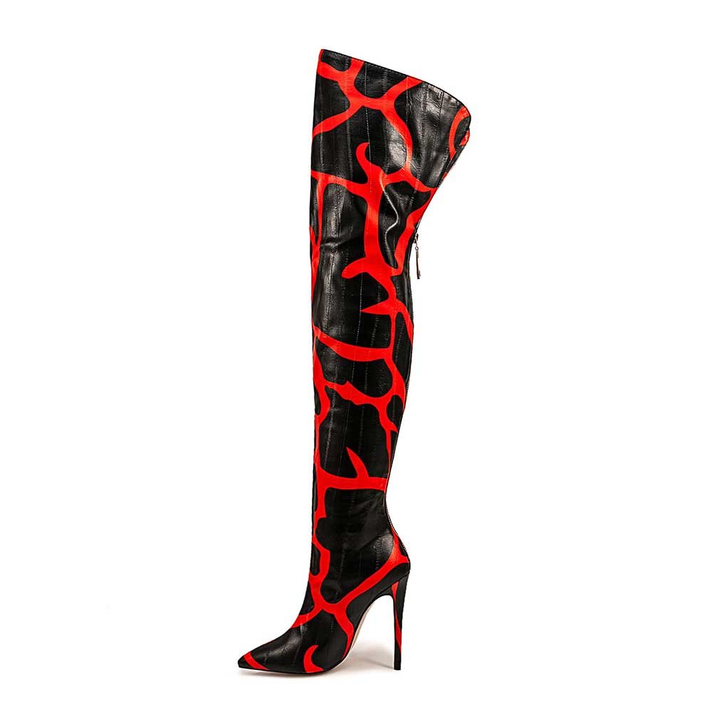 Animal Print Over-the-Knee Boots Faux Leather Stiletto Heel Pointed Toe Bootie - Styeenigma