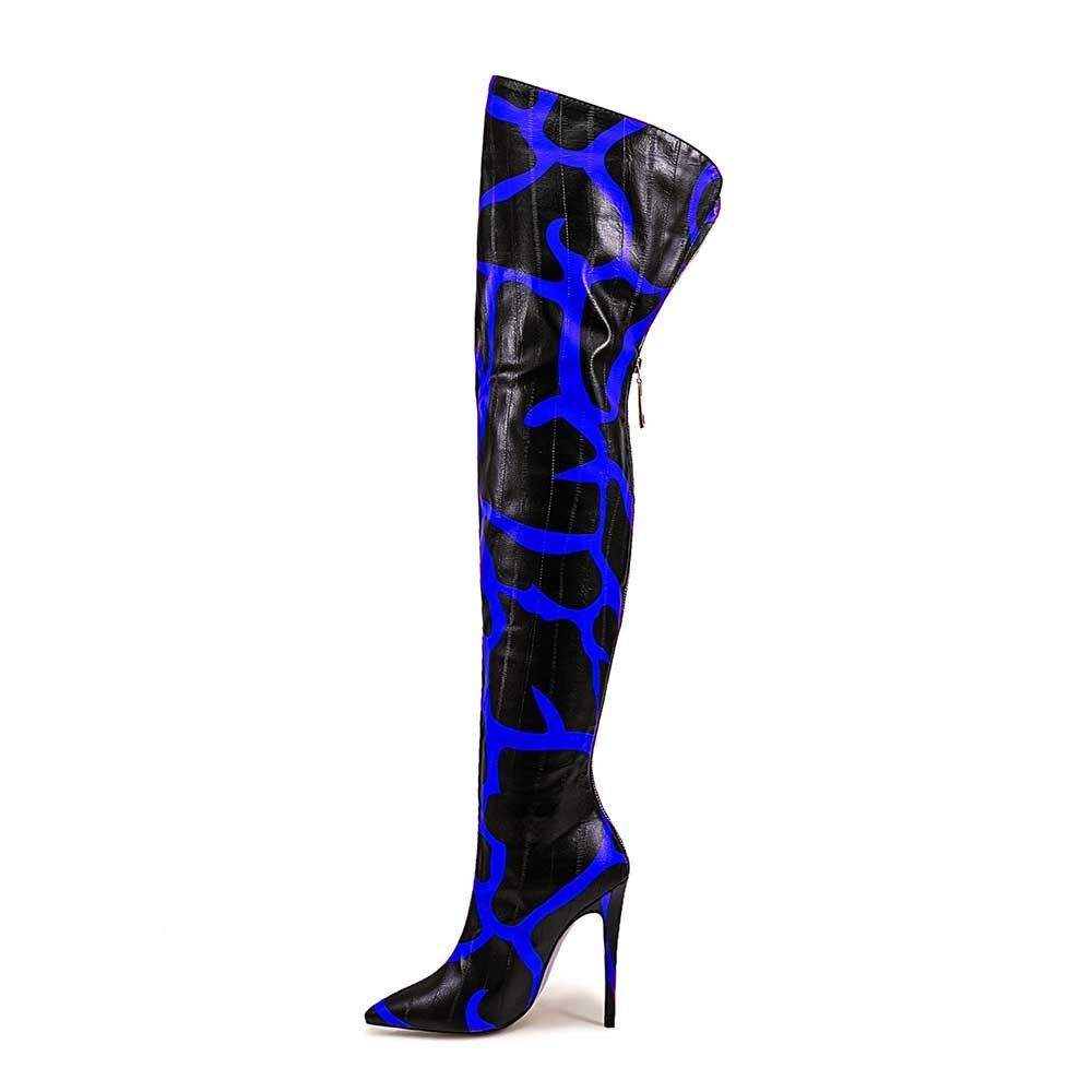 Animal Print Over-the-Knee Boots Faux Leather Stiletto Heel Pointed Toe Bootie - Styeenigma