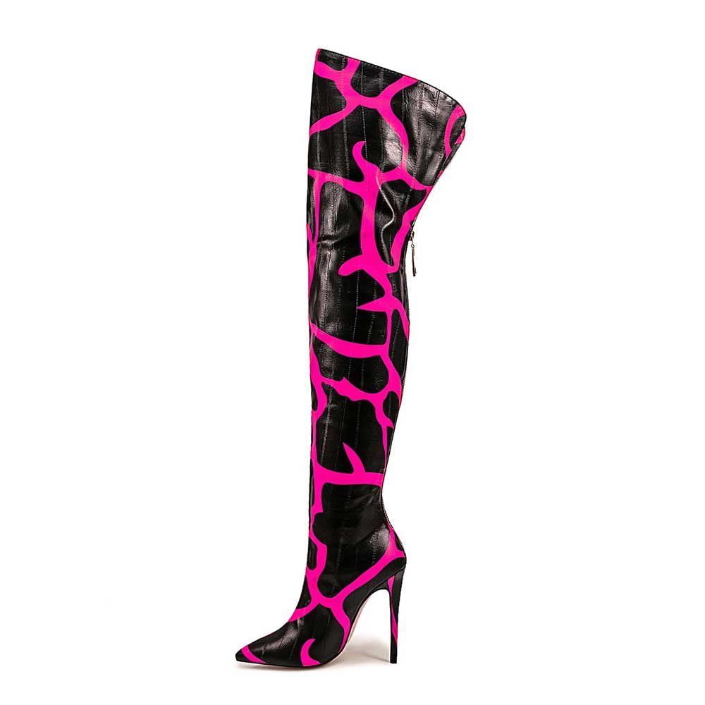 Animal Print Over-the-Knee Boots Faux Leather Stiletto Heel Pointed Toe Bootie - Styeenigma