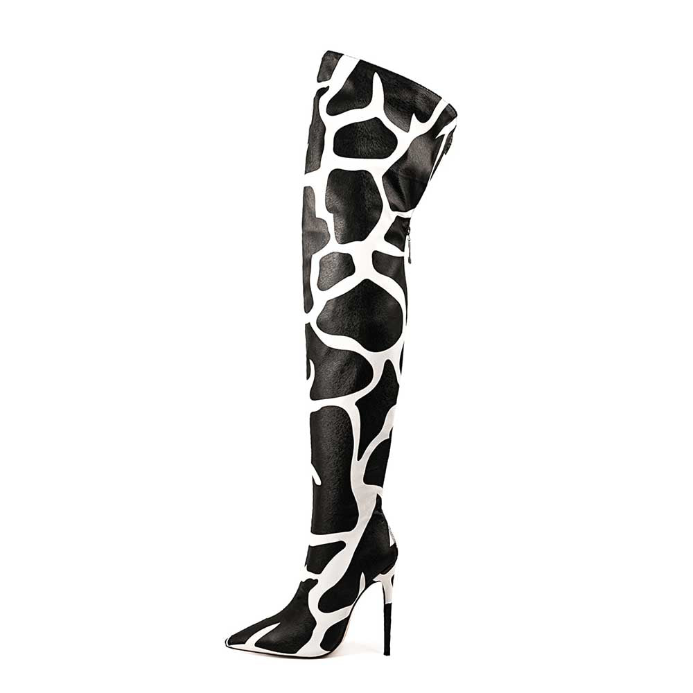 Animal Print Over-the-Knee Boots Faux Leather Stiletto Heel Pointed Toe Bootie - Styeenigma