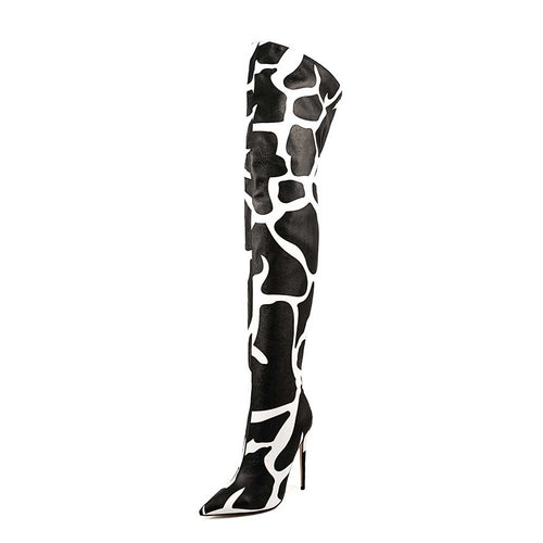 Animal Print Over-the-Knee Boots Faux Leather Stiletto Heel Pointed Toe Bootie - Styeenigma