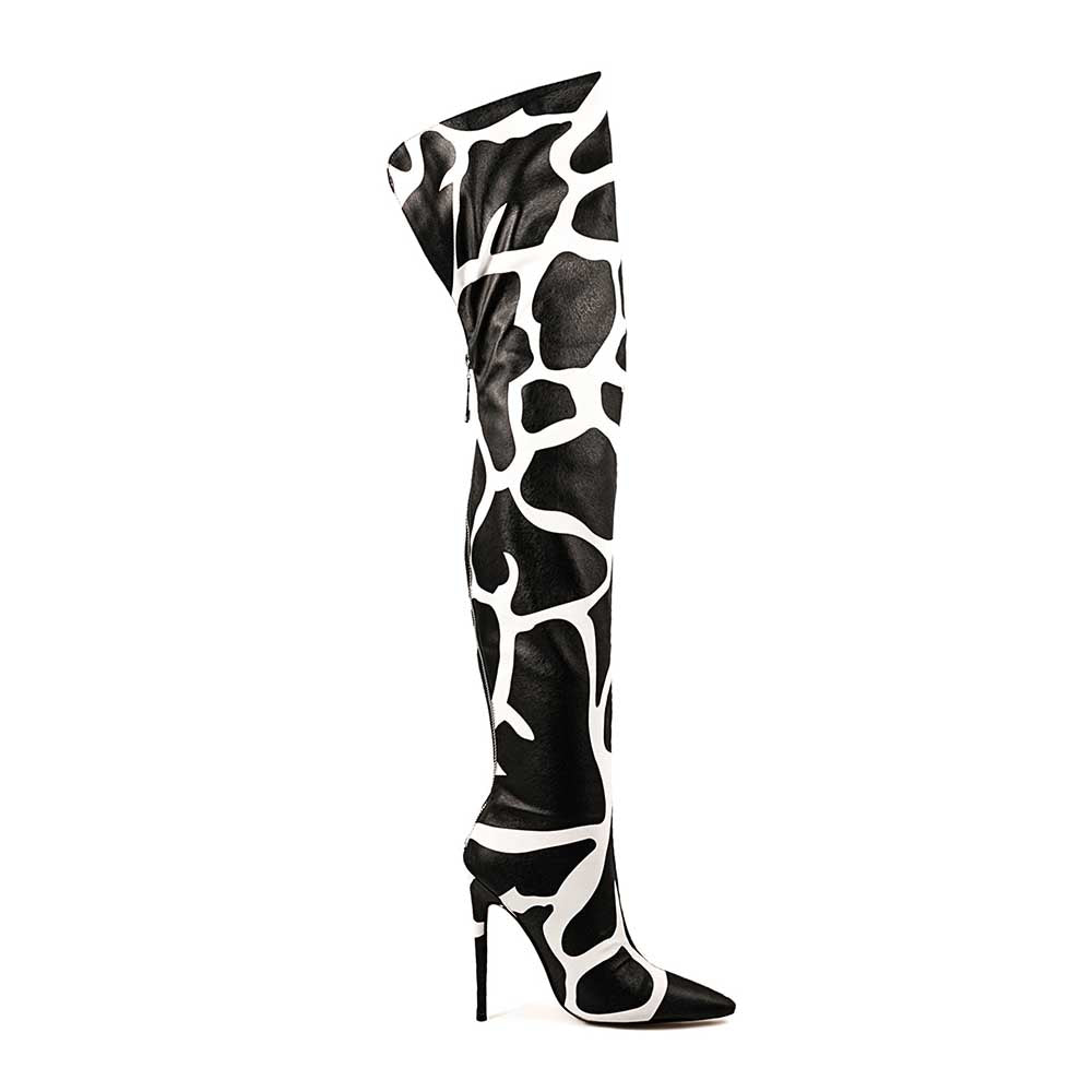 Animal Print Over-the-Knee Boots Faux Leather Stiletto Heel Pointed Toe Bootie - Styeenigma
