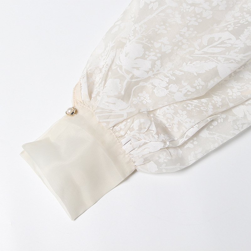 Apricot Floral Jacquard Wrap Blouse Women | Belted Puff Sleeve V-Neck Top - Styeenigma