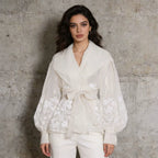 Apricot Floral Jacquard Wrap Blouse Women | Belted Puff Sleeve V-Neck Top - Styeenigma