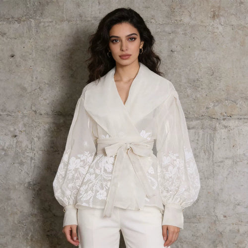Apricot Floral Jacquard Wrap Blouse Women | Belted Puff Sleeve V-Neck Top - Styeenigma