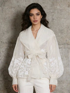 Apricot Floral Jacquard Wrap Blouse Women | Belted Puff Sleeve V-Neck Top - Styeenigma