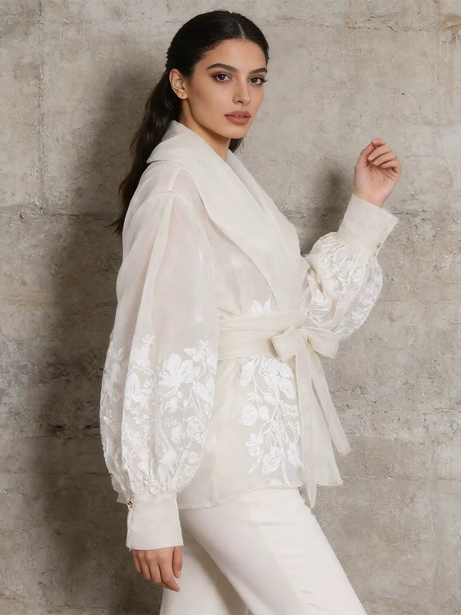 Apricot Floral Jacquard Wrap Blouse Women | Belted Puff Sleeve V-Neck Top - Styeenigma