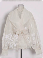 Apricot Floral Jacquard Wrap Blouse Women | Belted Puff Sleeve V-Neck Top - Styeenigma
