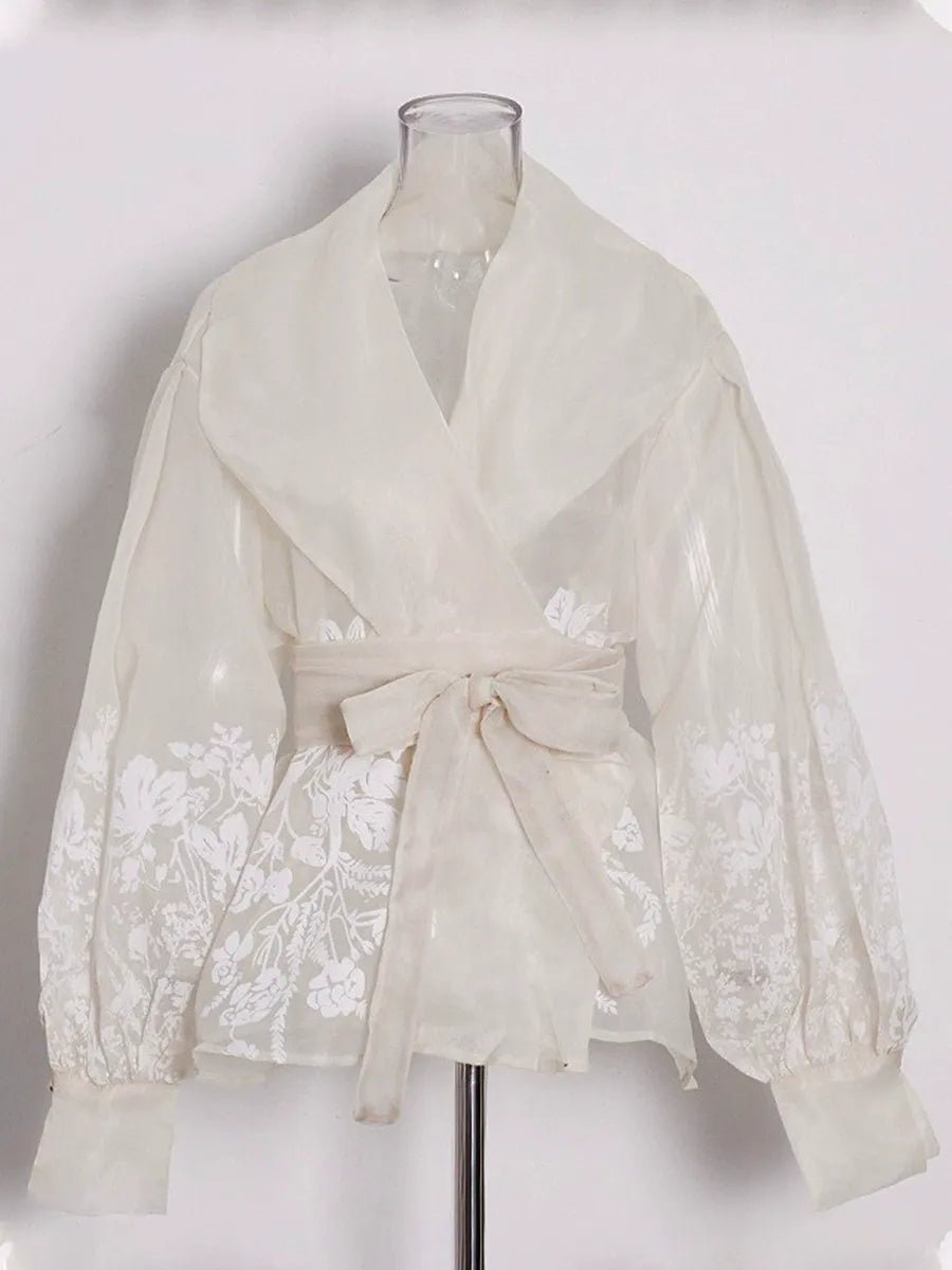 Apricot Floral Jacquard Wrap Blouse Women | Belted Puff Sleeve V-Neck Top - Styeenigma