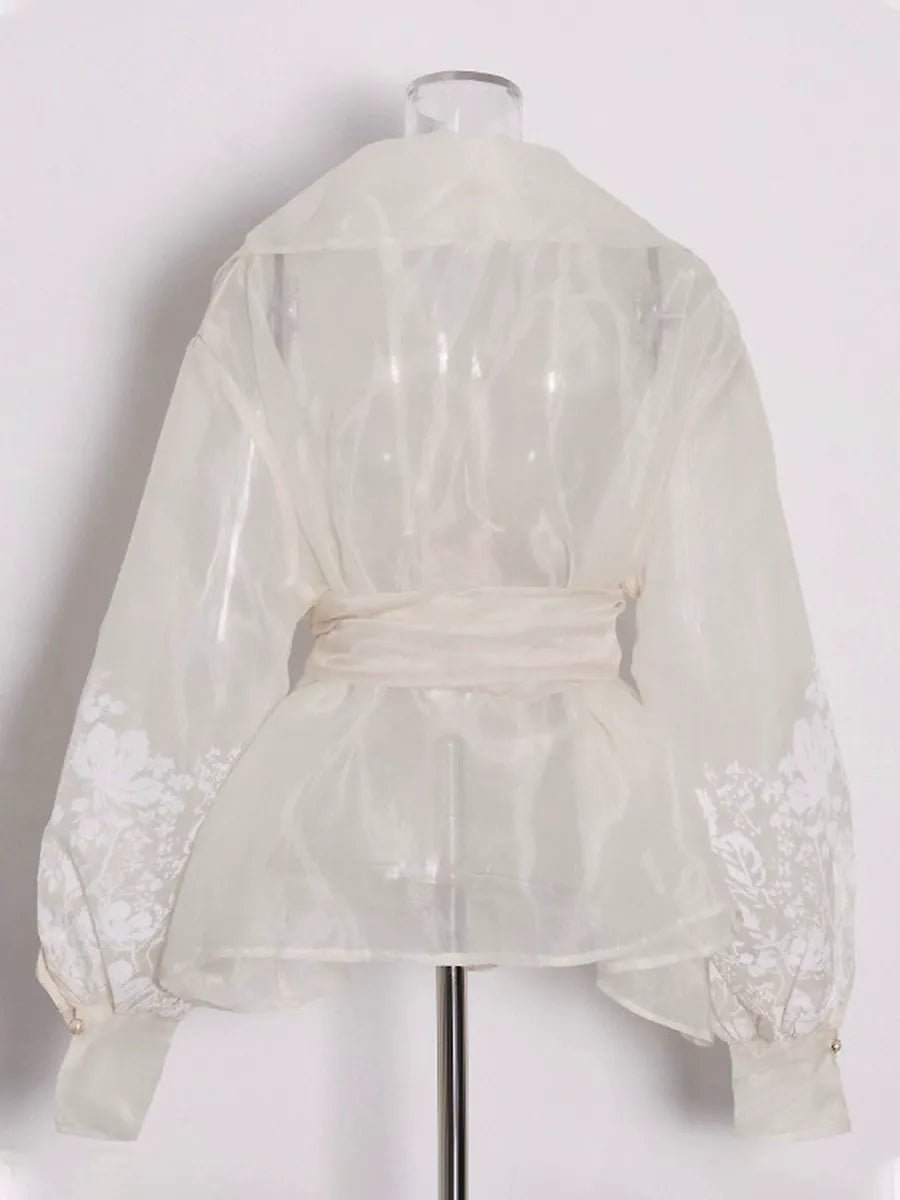 Apricot Floral Jacquard Wrap Blouse Women | Belted Puff Sleeve V-Neck Top - Styeenigma