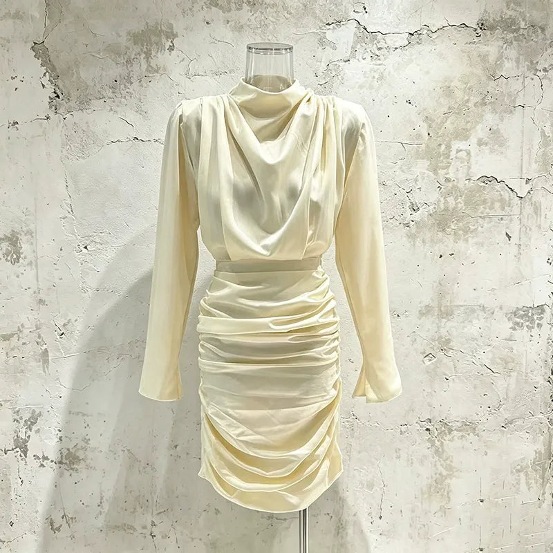 Apricot Ruched Bodycon Dress Women | Cowl Turtle Neck Long Sleeve Cocktail Mini Dress