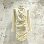Apricot Ruched Bodycon Dress Women | Cowl Turtle Neck Long Sleeve Cocktail Mini Dress