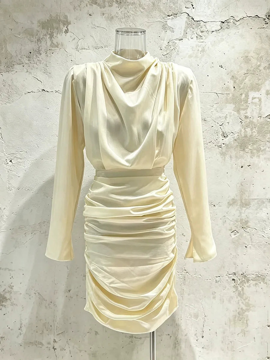 Apricot Ruched Bodycon Dress Women | Cowl Turtle Neck Long Sleeve Cocktail Mini Dress