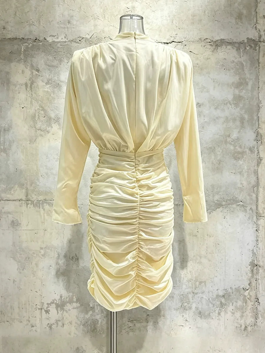 Apricot Ruched Bodycon Dress Women | Cowl Turtle Neck Long Sleeve Cocktail Mini Dress