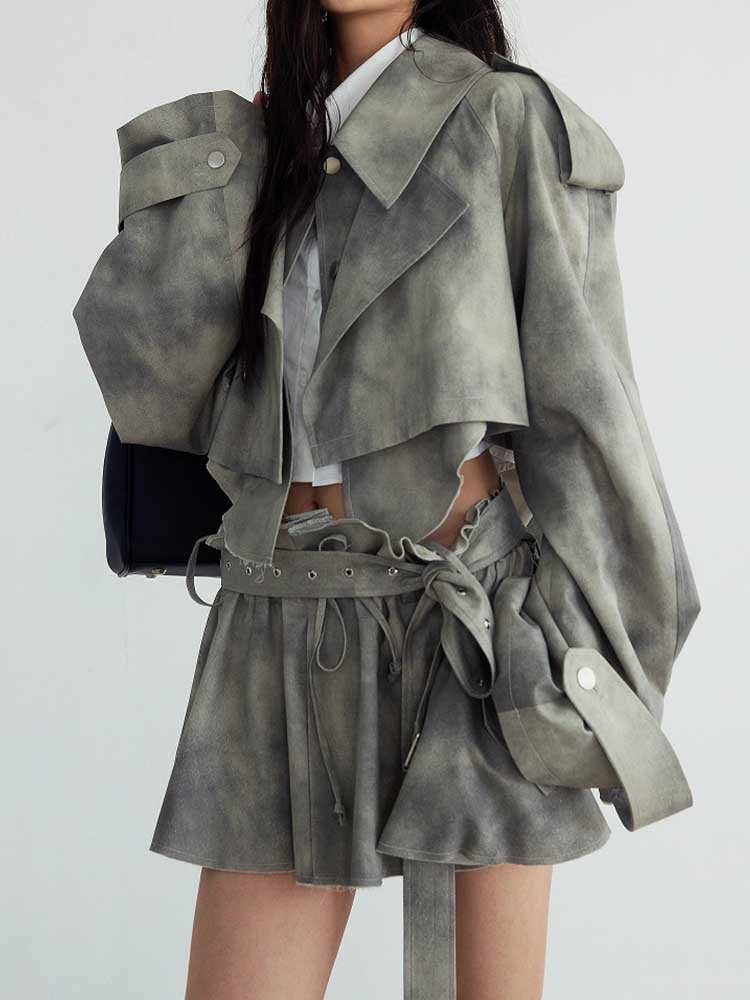 Army Green Cropped Trench Set Polyester Belted Skirt Suit Women - Styeenigma