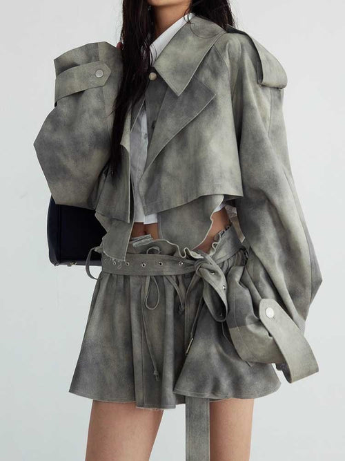 Army Green Cropped Trench Set Polyester Belted Skirt Suit Women - Styeenigma