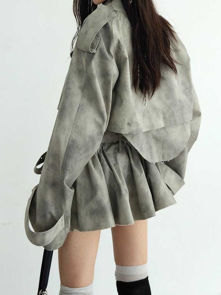 Army Green Cropped Trench Set Polyester Belted Skirt Suit Women - Styeenigma