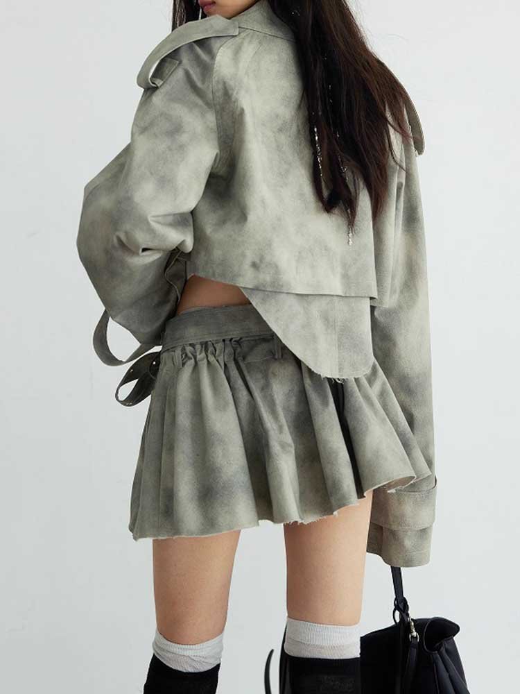 Army Green Cropped Trench Set Polyester Belted Skirt Suit Women - Styeenigma