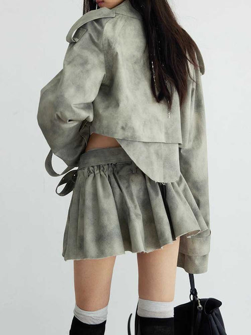 Army Green Cropped Trench Set Polyester Belted Skirt Suit Women - Styeenigma