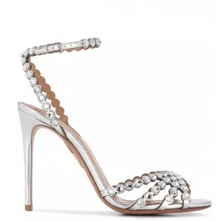 Beaded Rhinestone Heels Scalloped Ankle Strap Sandals - Styeenigma