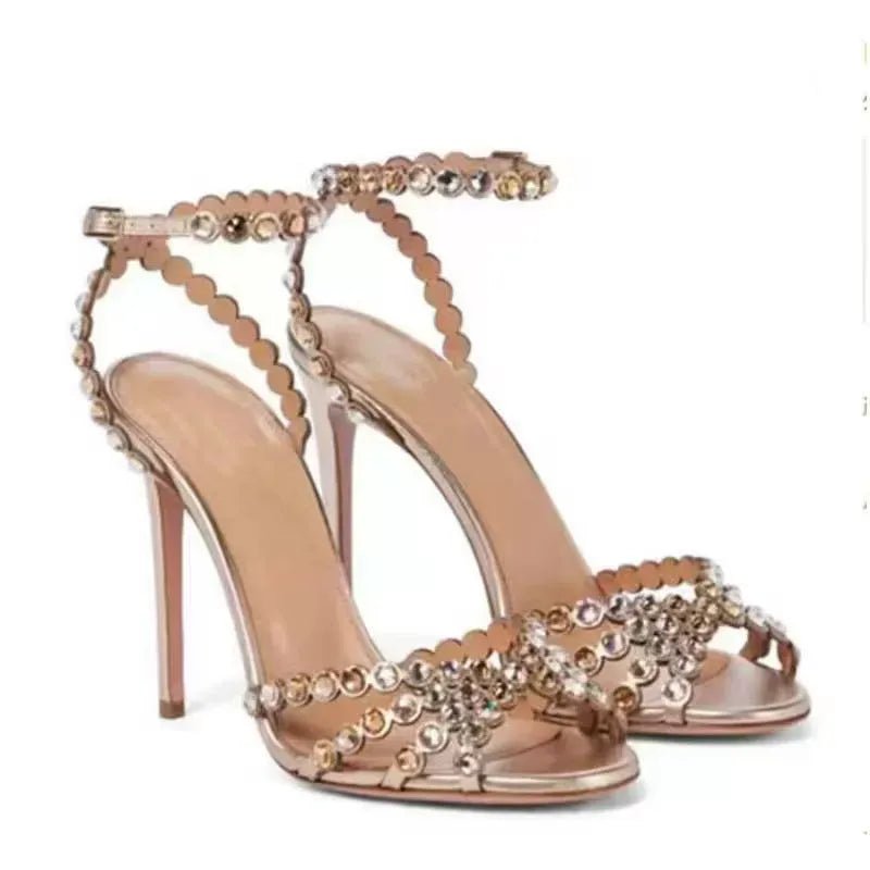Beaded Rhinestone Heels Scalloped Ankle Strap Sandals - Styeenigma