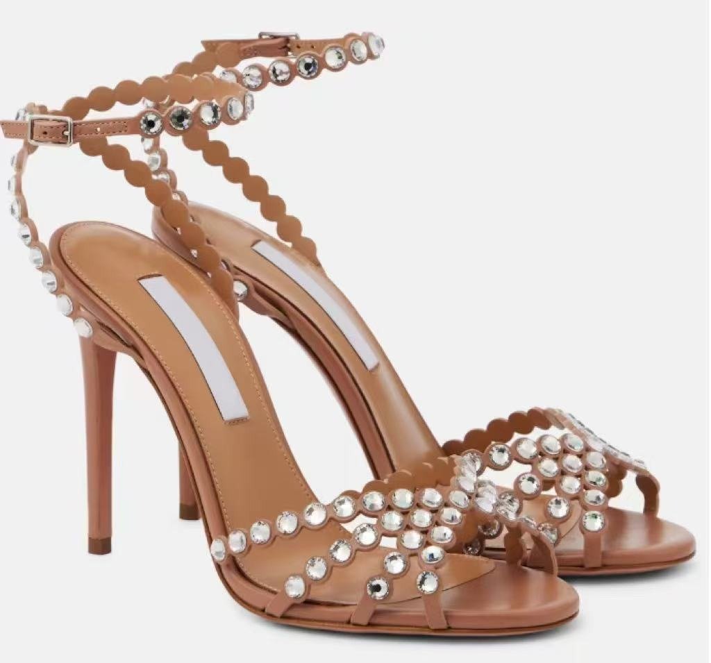 Beaded Rhinestone Heels Scalloped Ankle Strap Sandals - Styeenigma