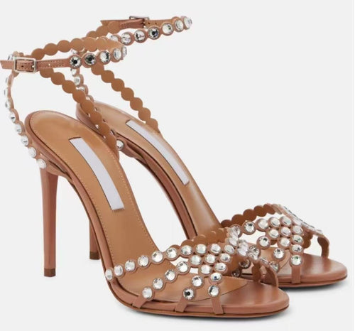 Beaded Rhinestone Heels Scalloped Ankle Strap Sandals - Styeenigma