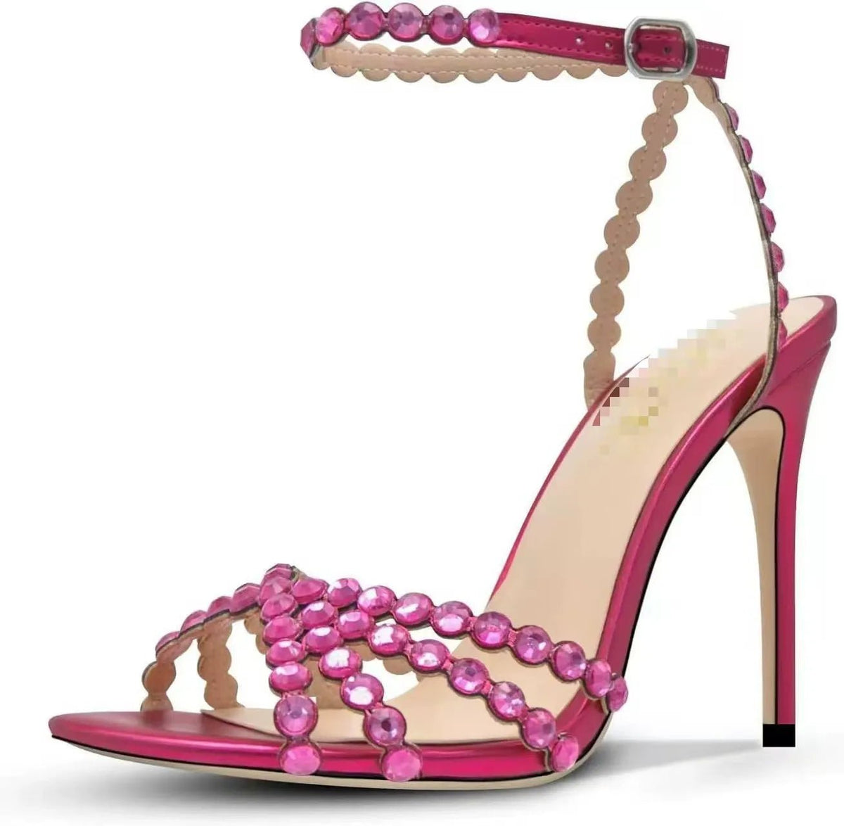 Beaded Rhinestone Heels Scalloped Ankle Strap Sandals - Styeenigma