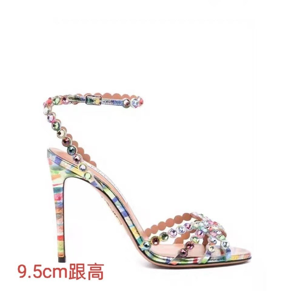 Beaded Rhinestone Heels Scalloped Ankle Strap Sandals - Styeenigma