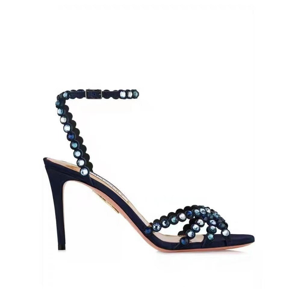 Beaded Rhinestone Heels Scalloped Ankle Strap Sandals - Styeenigma