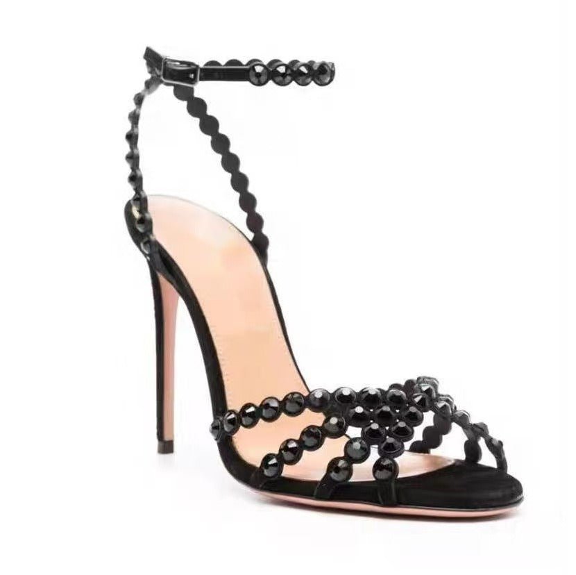 Beaded Rhinestone Heels Scalloped Ankle Strap Sandals - Styeenigma